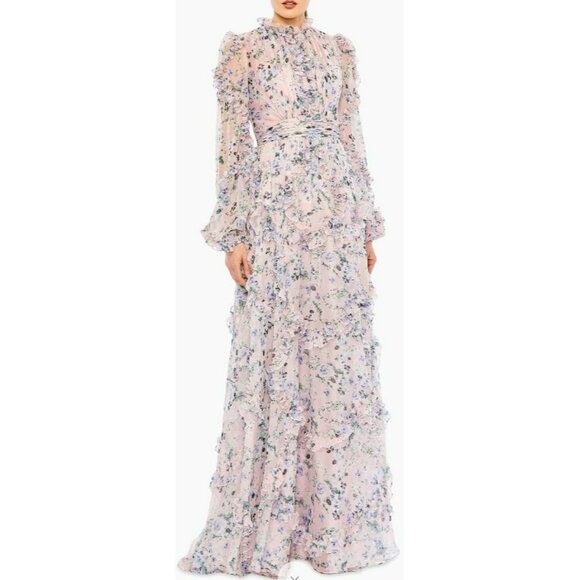 Mac Duggal Dresses & Skirts - Mac Duggal Floral Gown High Neck Long Sleeve Flowy Ruffle Formal Maxi Dress Sz 8